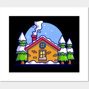 Snow Cabin in Winter Cartoon Posters and Art